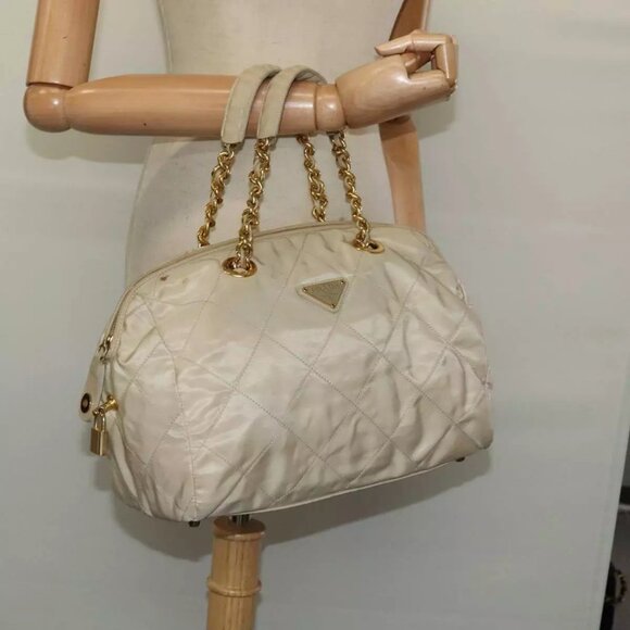 PRADA Chain Hand Bag Nylon Beige Gold Auth mr979 - Picture 14 of 16